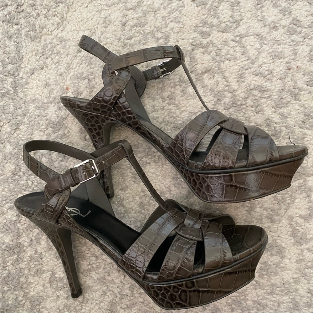 YSL Saint Laurent leather T-strap snake embossed sandals